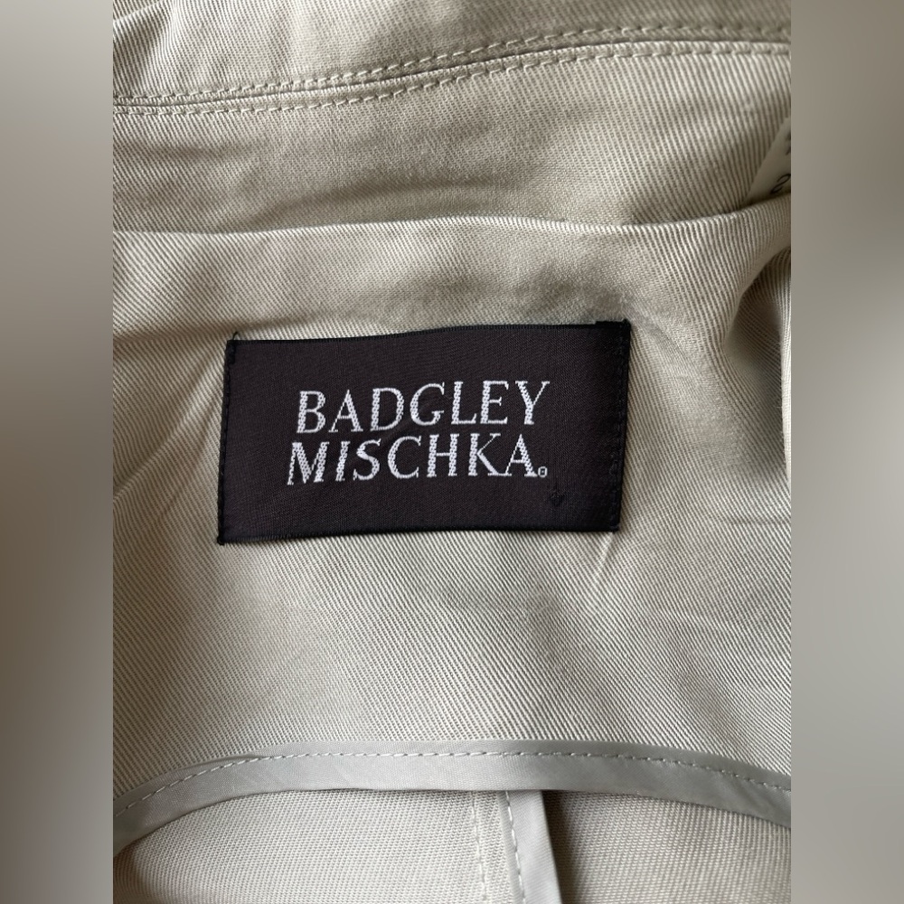 Badgley Mischka Faux Leather Trim Angelina Long Trench Coat in Sage Light Green - Picture 8 of 9